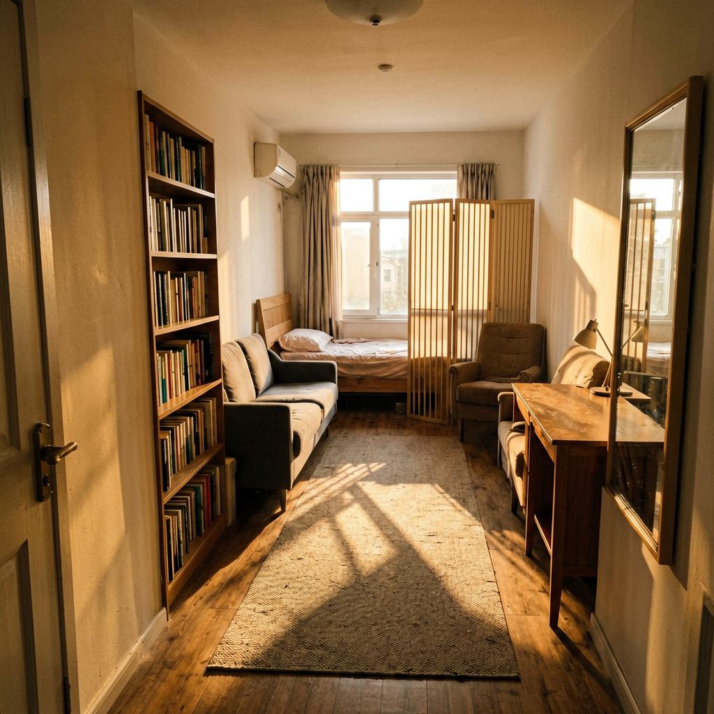 A small studio apartment with a tall bookcase creating a partial wall near the entrance. A runner rug leads past the bookcase to a living area with a couch and a desk. At the far end, a folding screen partially conceals a bed and a single armchair. Warm afternoon light from a window.