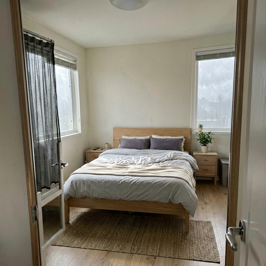 A sunlit bedroom with a bed centered on the wall, a privacy screen near the door, and a small plant on the nightstand