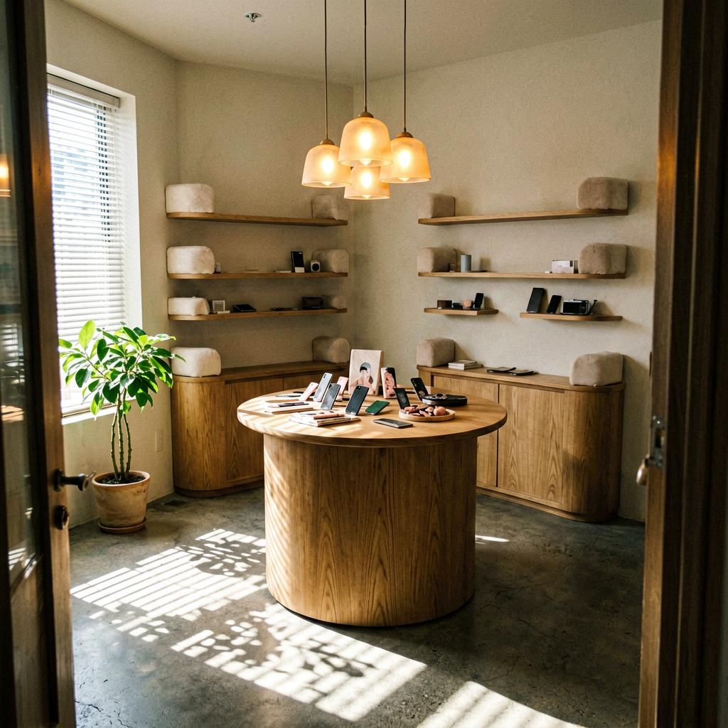 A small boutique interior with a curved wooden display table in the center, rounded shelves along the wall with soft corner guards, warm pendant lighting, a potted plant near the entrance, and no sharp edges visible.