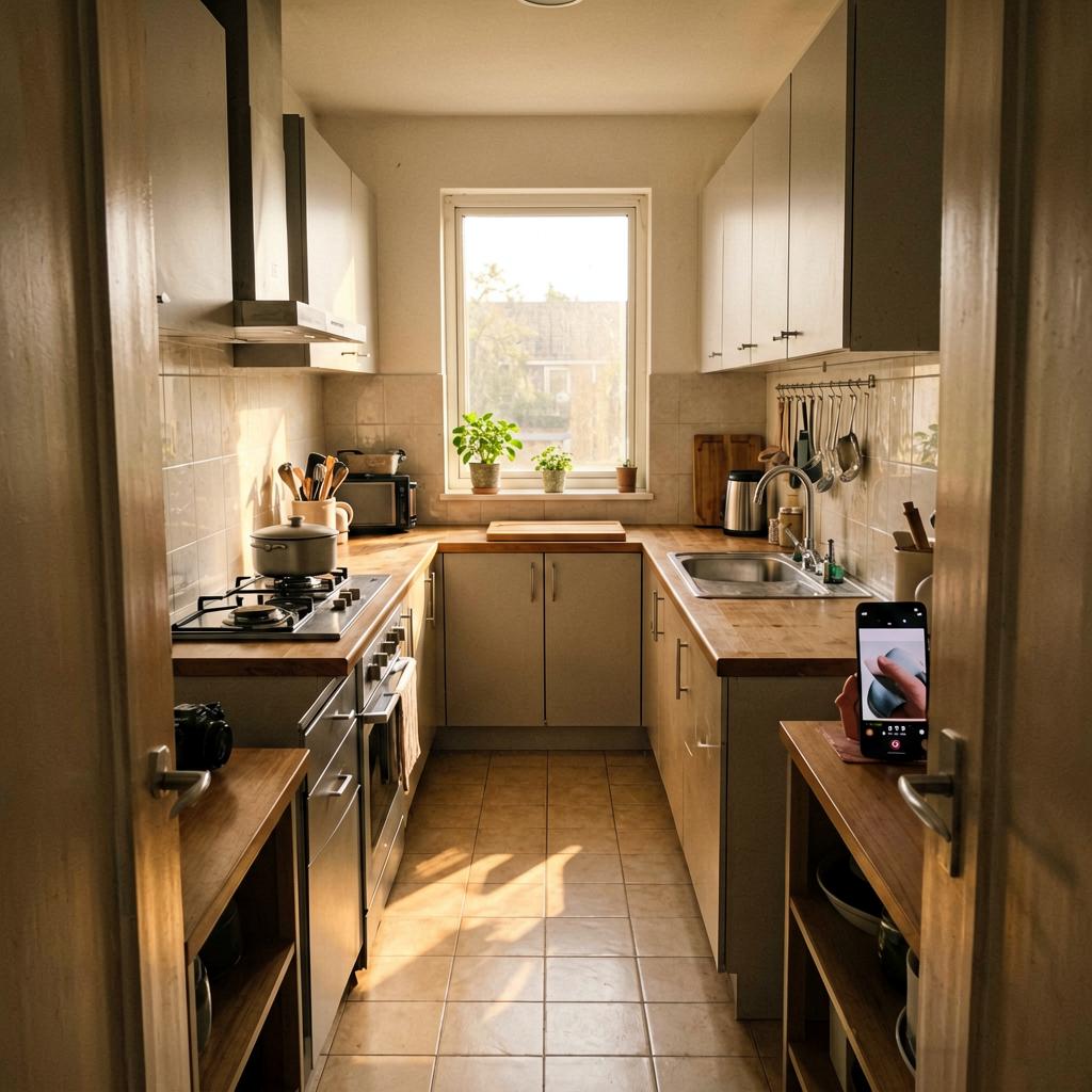 A narrow galley kitchen with a stove on one wall, a sink on the opposite wall, a butcher block counter between them with a small potted plant, natural light from a window at the end, unposed smartphone photo, slightly off-level.