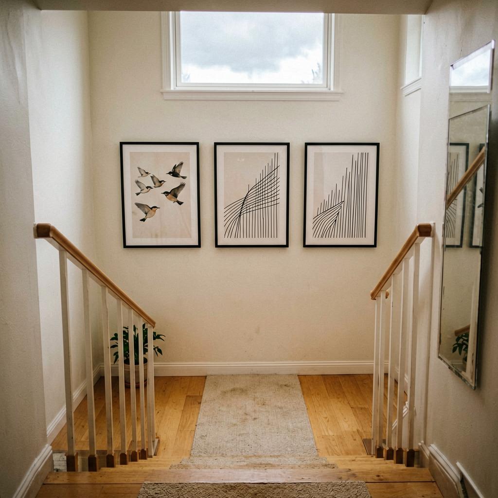 A bright stairwell with three framed prints—one of birds in flight, one abstract with rising lines—all hung at the same height on the wall, forming a clean horizontal line. Natural light from a window above, a small potted plant on the landing, and a neutral runner on the stairs. Slightly off-level phone photo, warm tones.