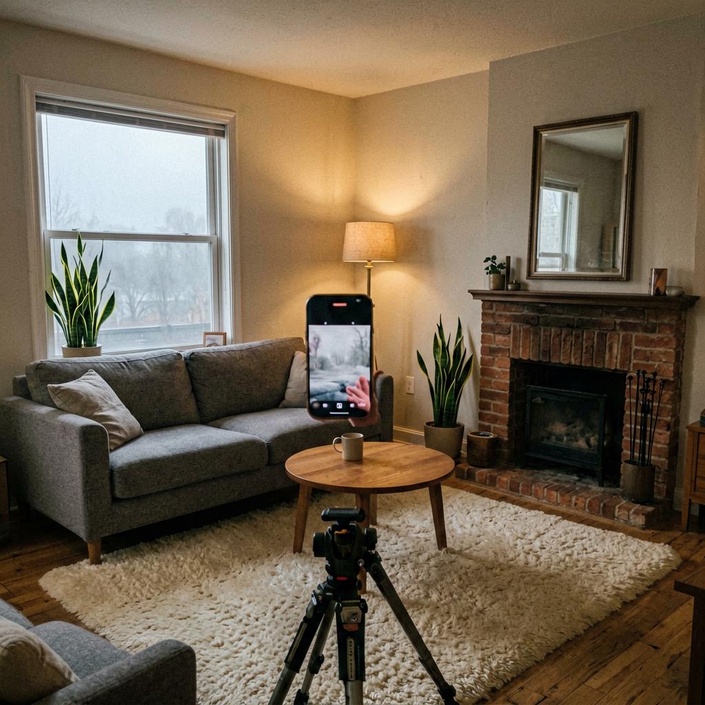 A living room with a grey sofa facing a brick fireplace, a small round wooden coffee table, a floor lamp in the corner, a snake plant by the window, and a cream wool rug.