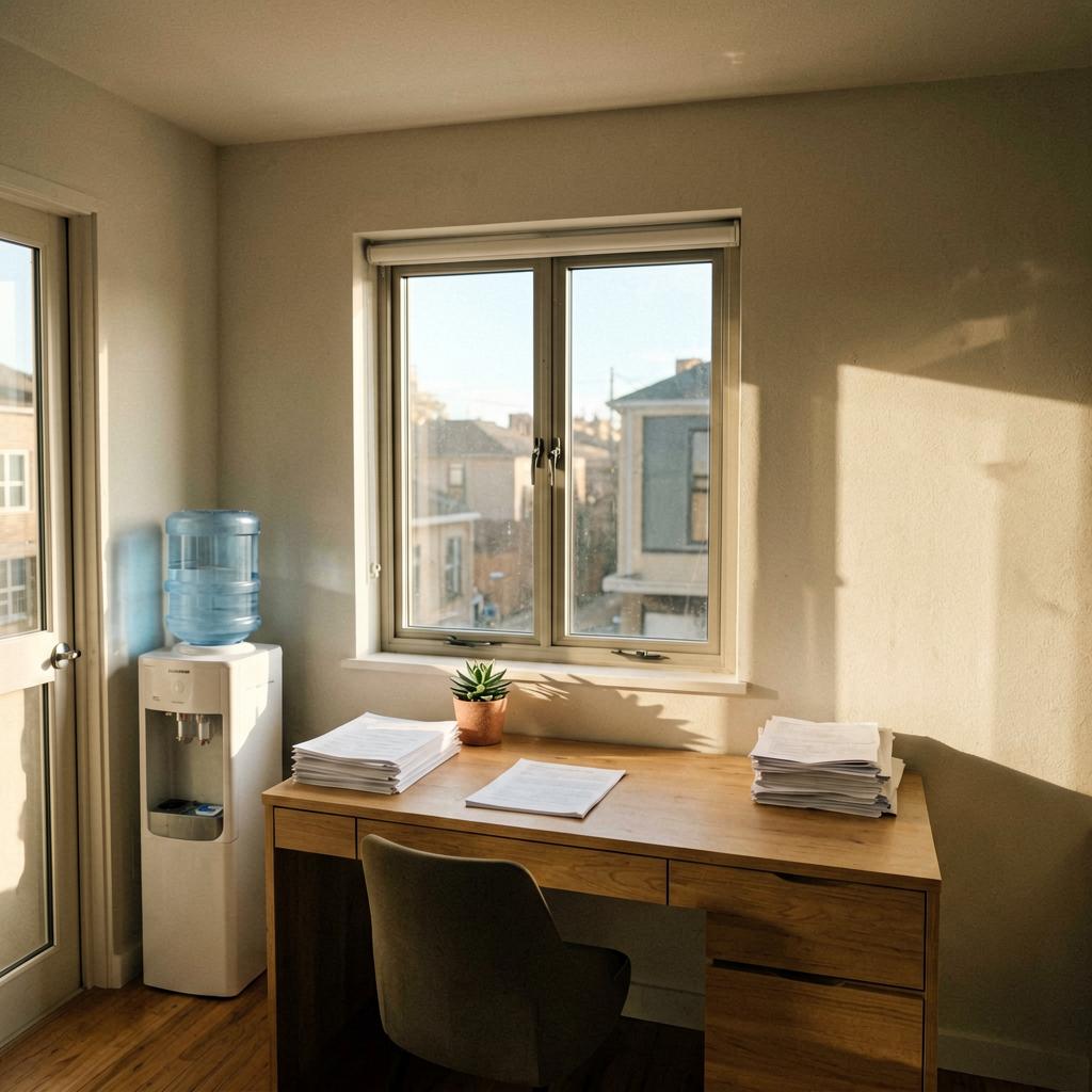 A home office with a clean desk centered under a window, a small potted succulent on the desktop, the water cooler moved near the door on the west wall, natural light coming in, papers neatly stacked, no people, slightly off-level smartphone photo.