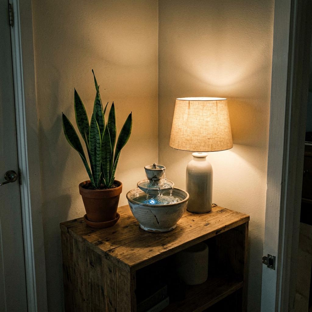 A small ceramic tabletop fountain on a wooden shelf in the southeast corner of a living room, with a potted snake plant beside it and a soft warm lamp nearby, natural evening light creating gentle shadows, slightly off-level smartphone photo.