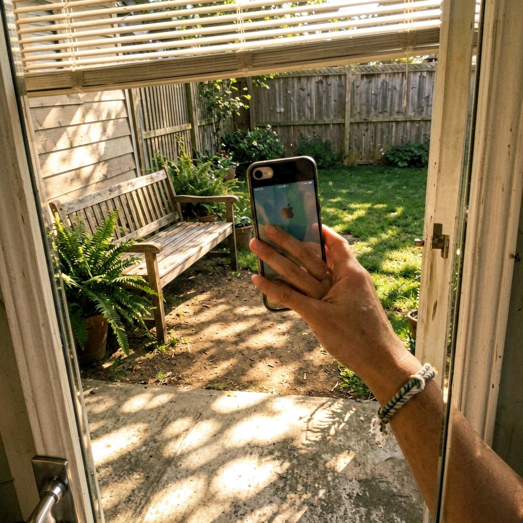 Backyard with a wooden bench on a dirt strip between patio and lawn, fern beside it, warm late afternoon light, slightly tilted smartphone photo
