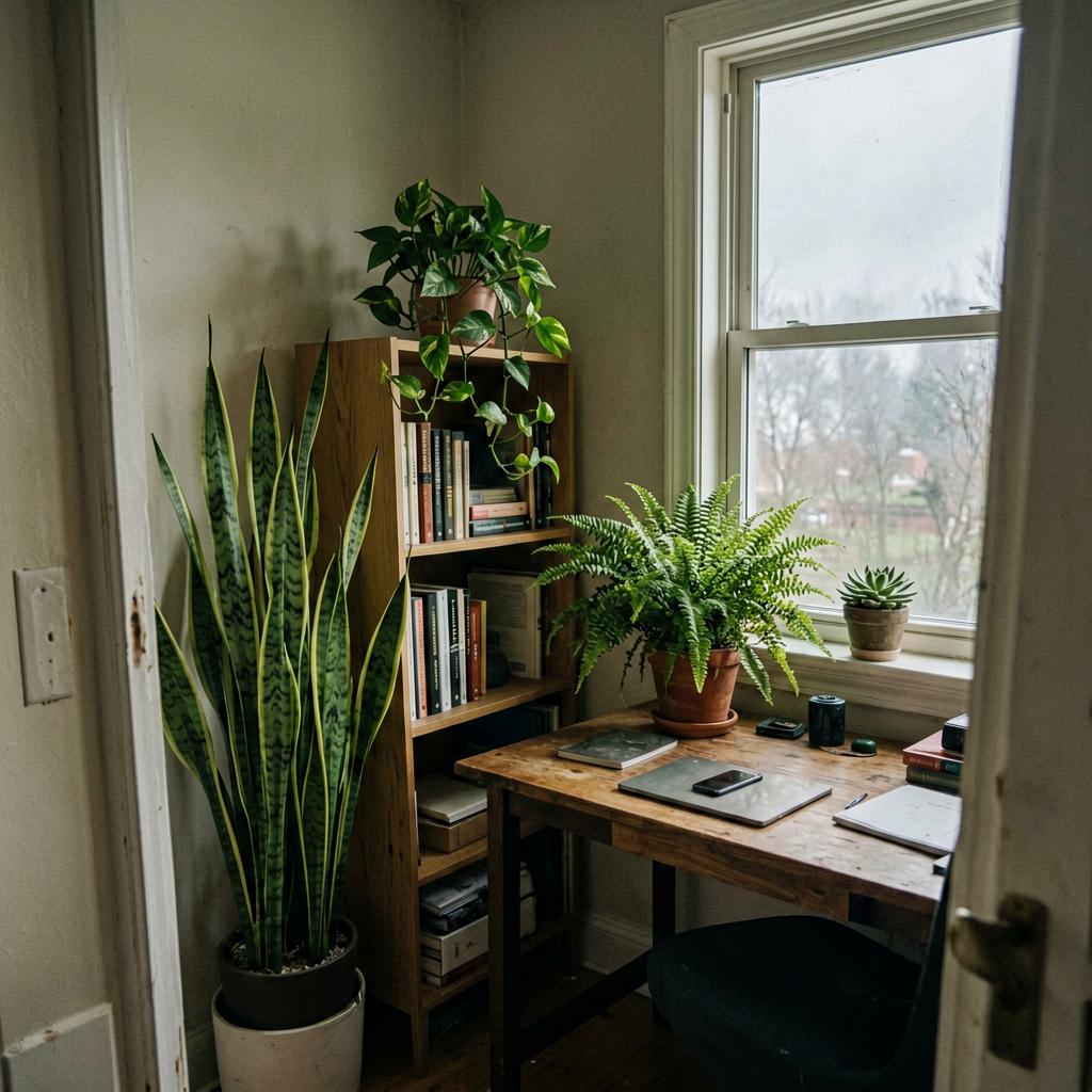 A home office with a tall snake plant in the corner, a small pothos on the bookshelf, a fern on the desk, and a succulent on the windowsill, natural light from the window, slightly cluttered but cozy, smartphone photo, slightly off-level.