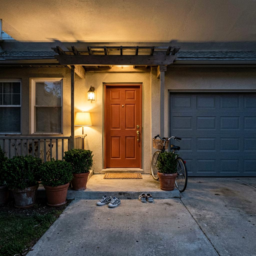 A suburban house with a recessed front door, now flanked by a small pergola and potted boxwoods. The garage door is painted a matte dark gray, receding visually. A terracotta front door with a brass handle, a woven welcome mat, and a pair of worn sneakers by the step. The driveway is empty, with a bicycle leaning against the porch railing.