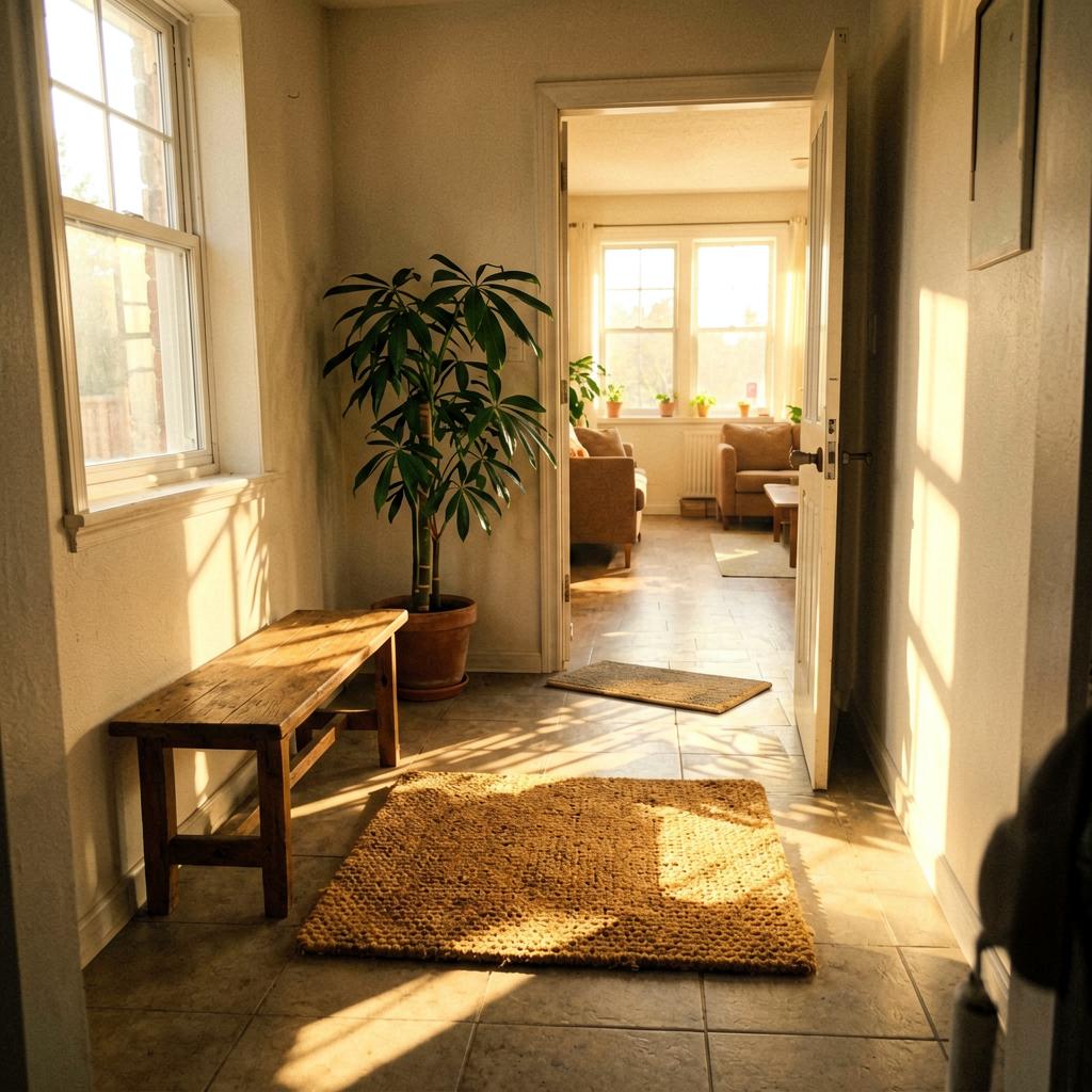A front entryway with a centered coir mat, a small wooden bench against the left wall, a tall potted plant in the far corner, warm afternoon light from a side window, and an open door leading into a bright living room.