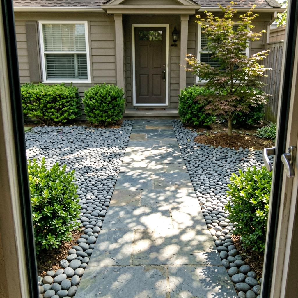 A suburban front yard with a filled-in pond bed now covered with smooth gray river stones, flanked by freshly planted green shrubs, a small ornamental tree to the right, and a slate pathway leading to the front door. Natural daylight, slightly off-center composition, smartphone photo.