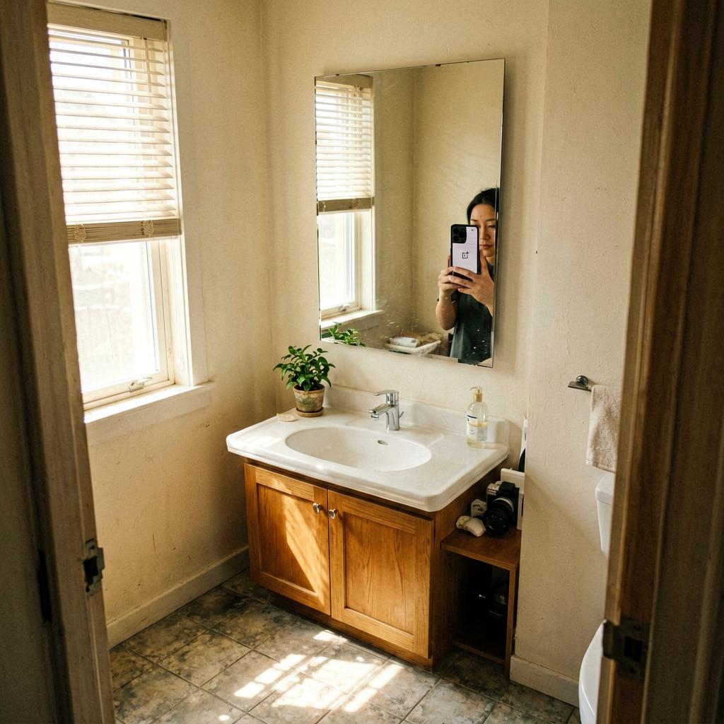 A bathroom with a mirror now hung higher, showing a clear reflection of the sink and a small plant. The mirror is slightly off-level, natural light from a window, smartphone photo with warm tones.