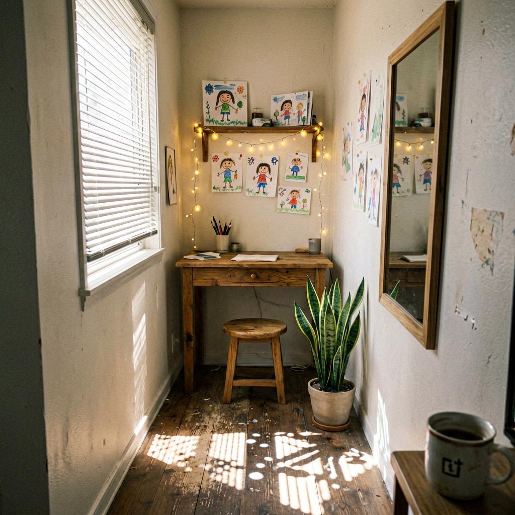 A narrow hallway nook with a small wooden desk, a stool, fairy lights on a shelf, and children's artwork pinned to the wall. A snake plant sits on the floor. Natural light from the side.