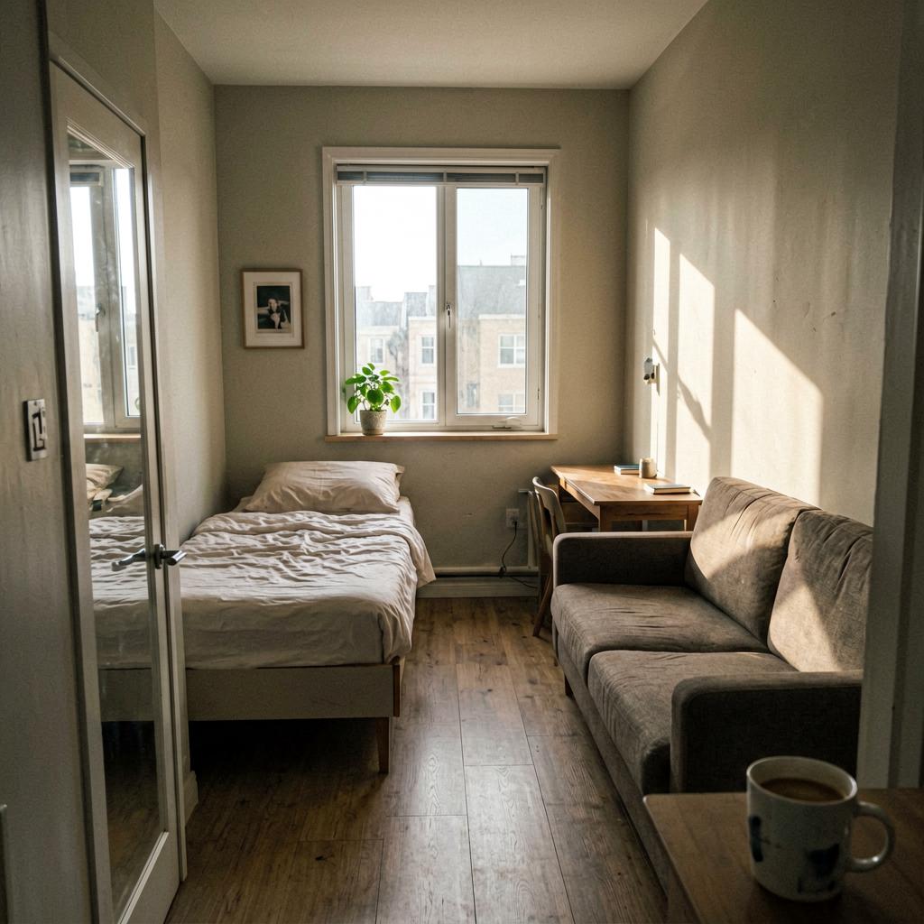 A small studio apartment with a bed now facing a window, a clear path from the door to a couch, a desk tucked where the bed used to be, a small plant on the windowsill, no people, natural light from the window, slightly off-level phone photo.