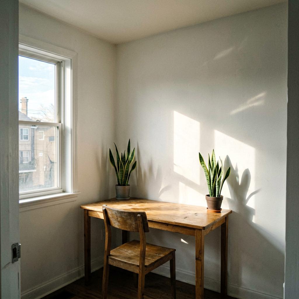 A home office on the east side of a house, desk positioned near a window with morning light streaming in, a potted snake plant on the corner of the desk, a simple wooden chair, white walls, soft shadows, slightly off-level phone photo, no people.