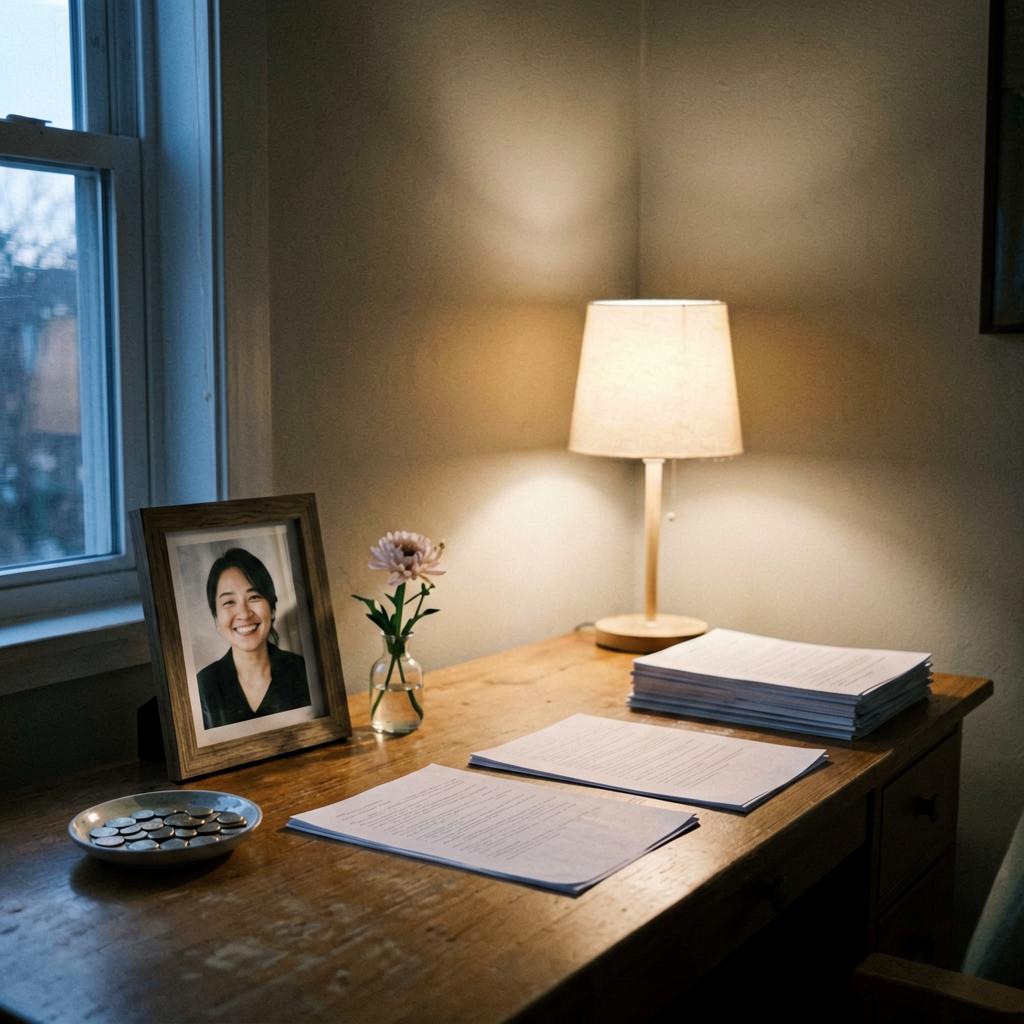 A desk with a small dish of coins in the far-left corner, a framed photo of a smiling person, a tiny vase with a fresh flower near the front, a lamp on the back-right, and neatly stacked papers—taken from a slight angle, natural window light.