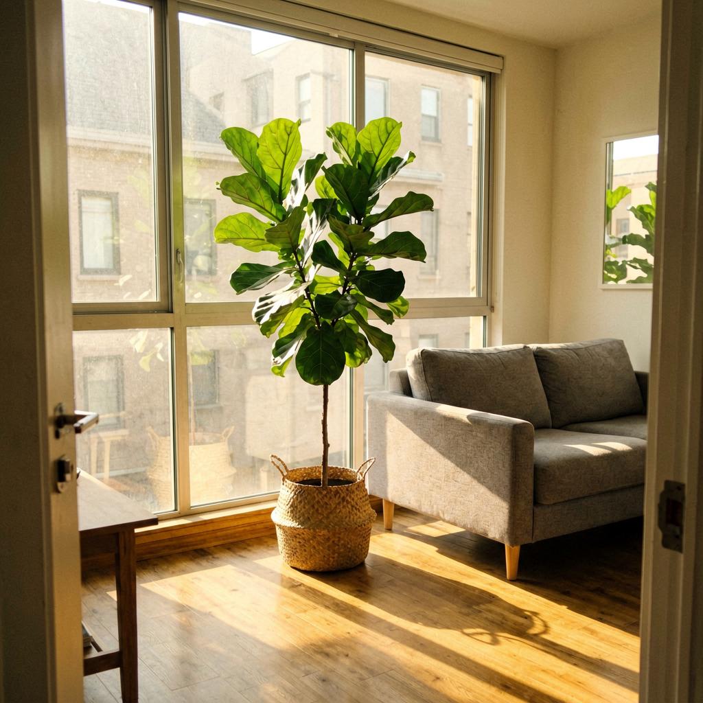 A bright living room with a large fiddle-leaf fig in a woven basket directly in front of the floor-to-ceiling window. The plant partially obscures the view of the neighboring building. A gray couch faces the plant at an angle. Morning light filters through the leaves, casting soft shadows on the wood floor.