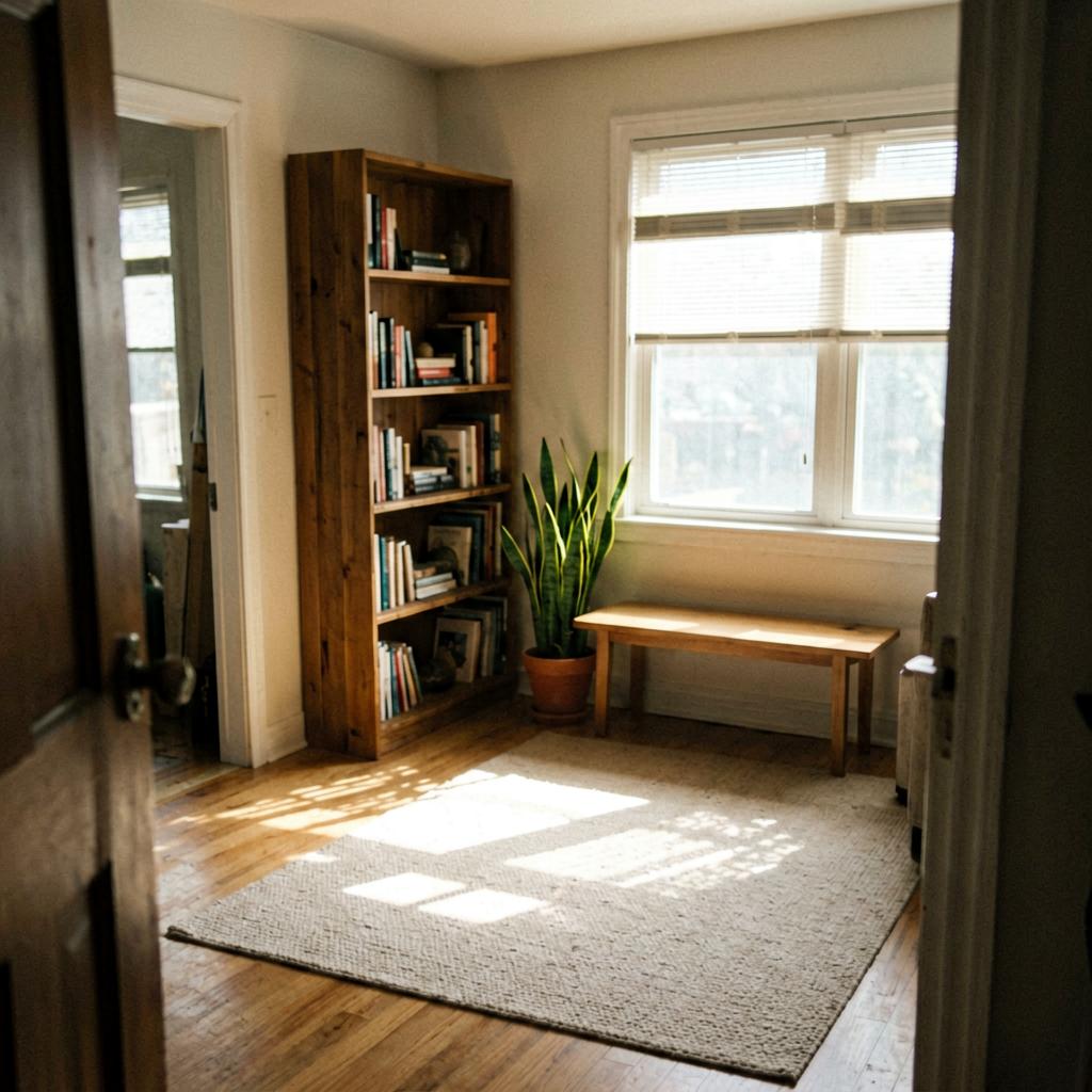 A living room with a tall wooden bookshelf in the corner near the entryway, a low bench under a window, a potted snake plant on the floor, and a neutral rug—photo taken from the door, slightly off-level.