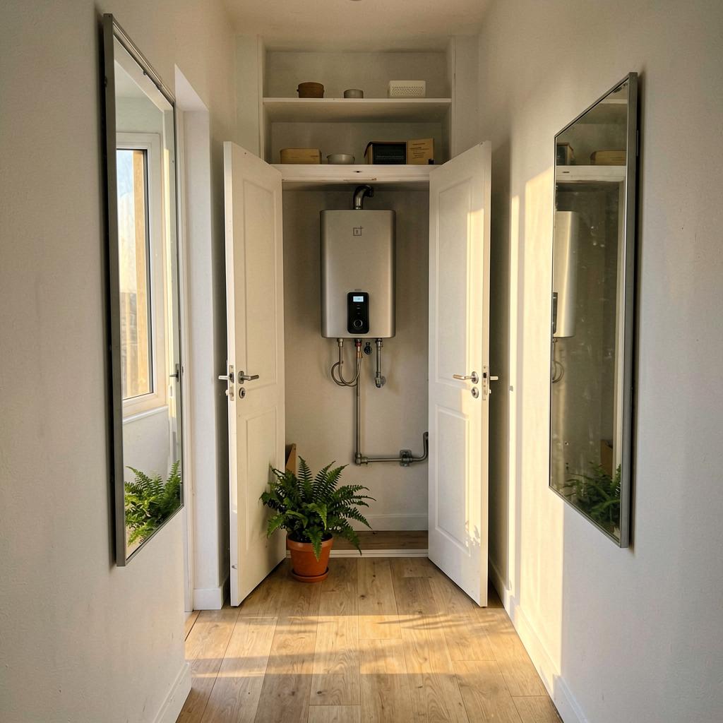 A hallway closet with a modern water heater neatly installed, door open, showing organized shelves above, soft daylight from a nearby window, a small potted fern on the floor, clean white walls.