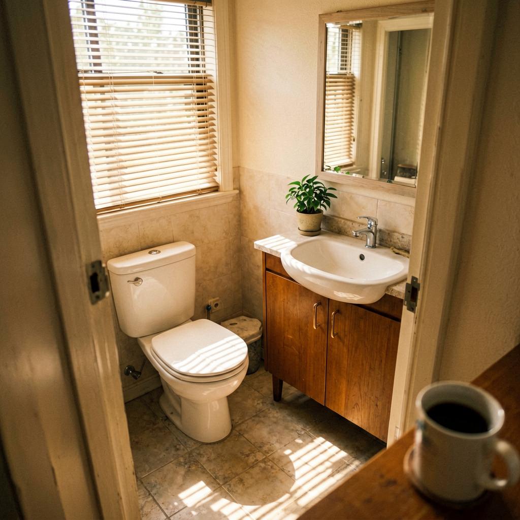 A compact bathroom with a closed toilet lid, a sink with a covered drain, and a small plant on the counter. The photo is taken from the doorway, slightly tilted, with warm natural light.