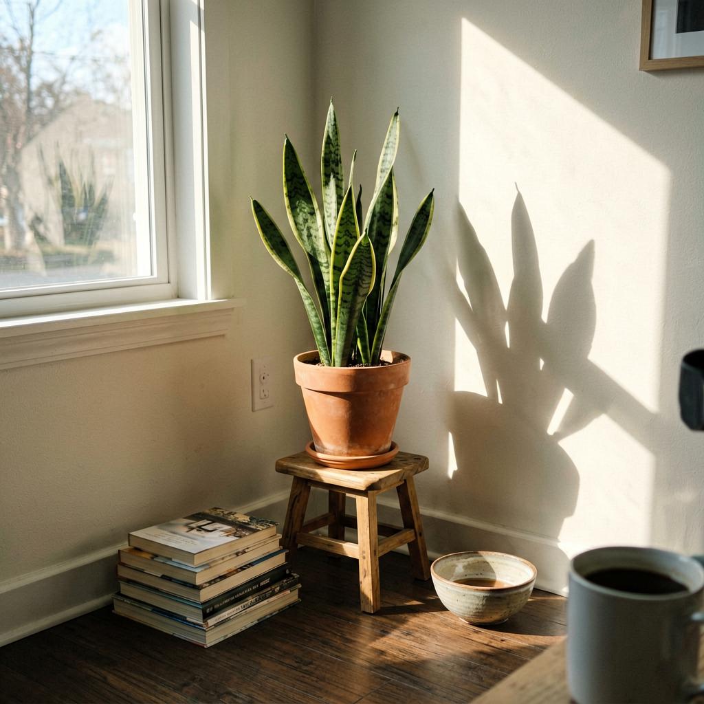 A bright living room corner with a snake plant in a terracotta pot, sitting on a small wooden stool, soft morning light through a window, a stack of books and a ceramic bowl on the floor nearby, slightly off-level smartphone photo.