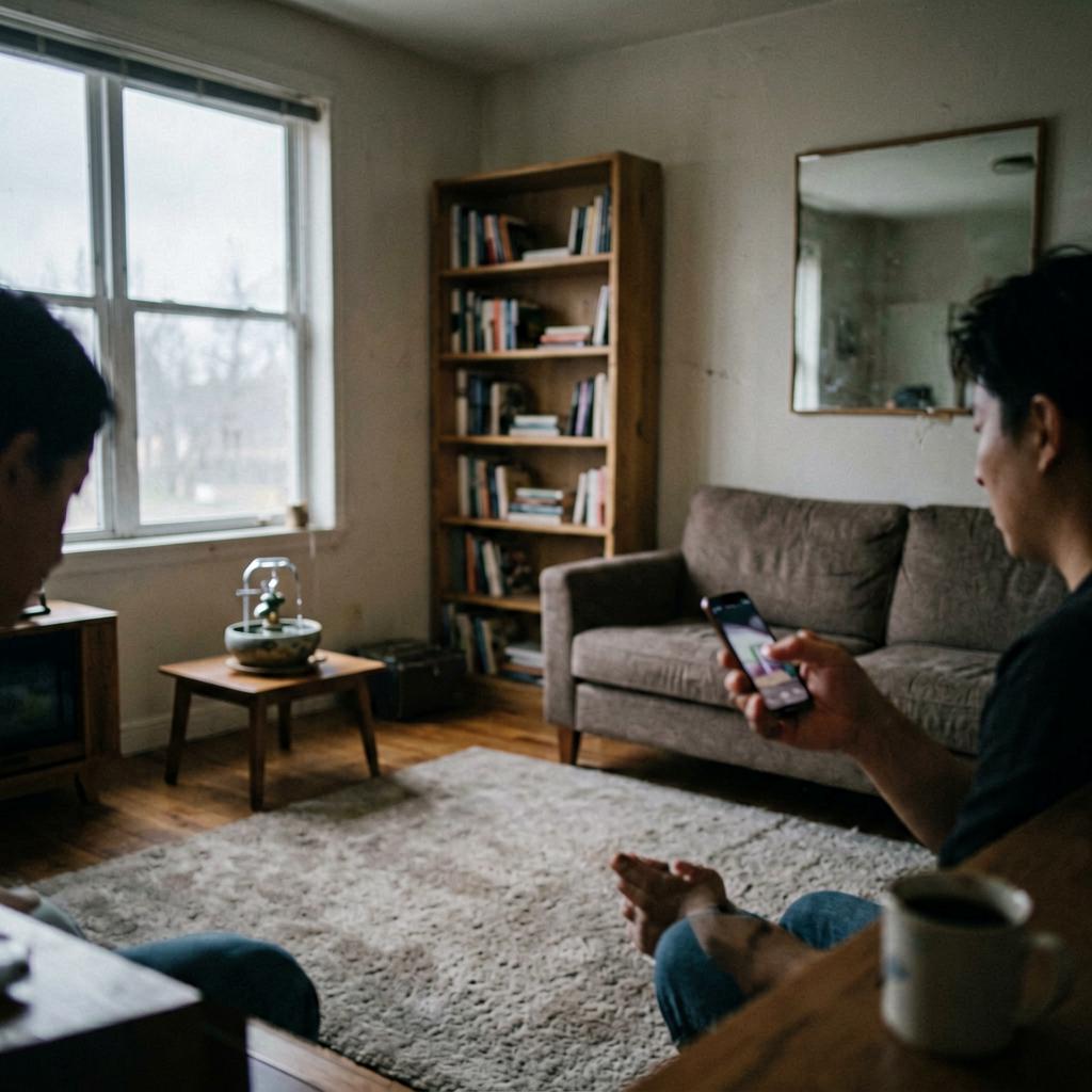 A living room with a small tabletop water fountain in the south corner, the tall bookshelf now against the east wall, a soft rug in the center, natural light from the west window, slightly off-level smartphone photo.