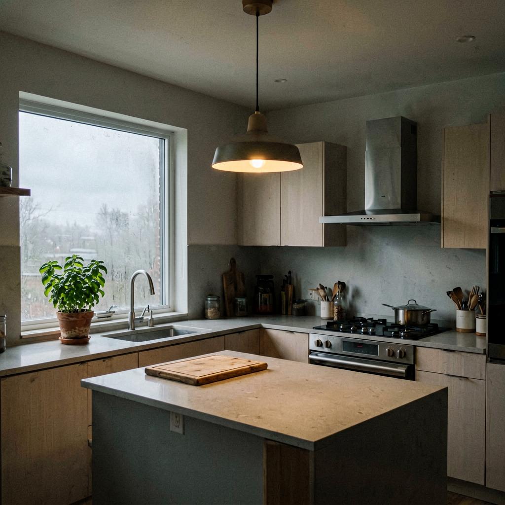 A modern kitchen with the stove now on the north wall, a pot of basil on the windowsill (south window now clear), a wooden cutting board on the counter, and a pendant lamp casting soft light over the island.