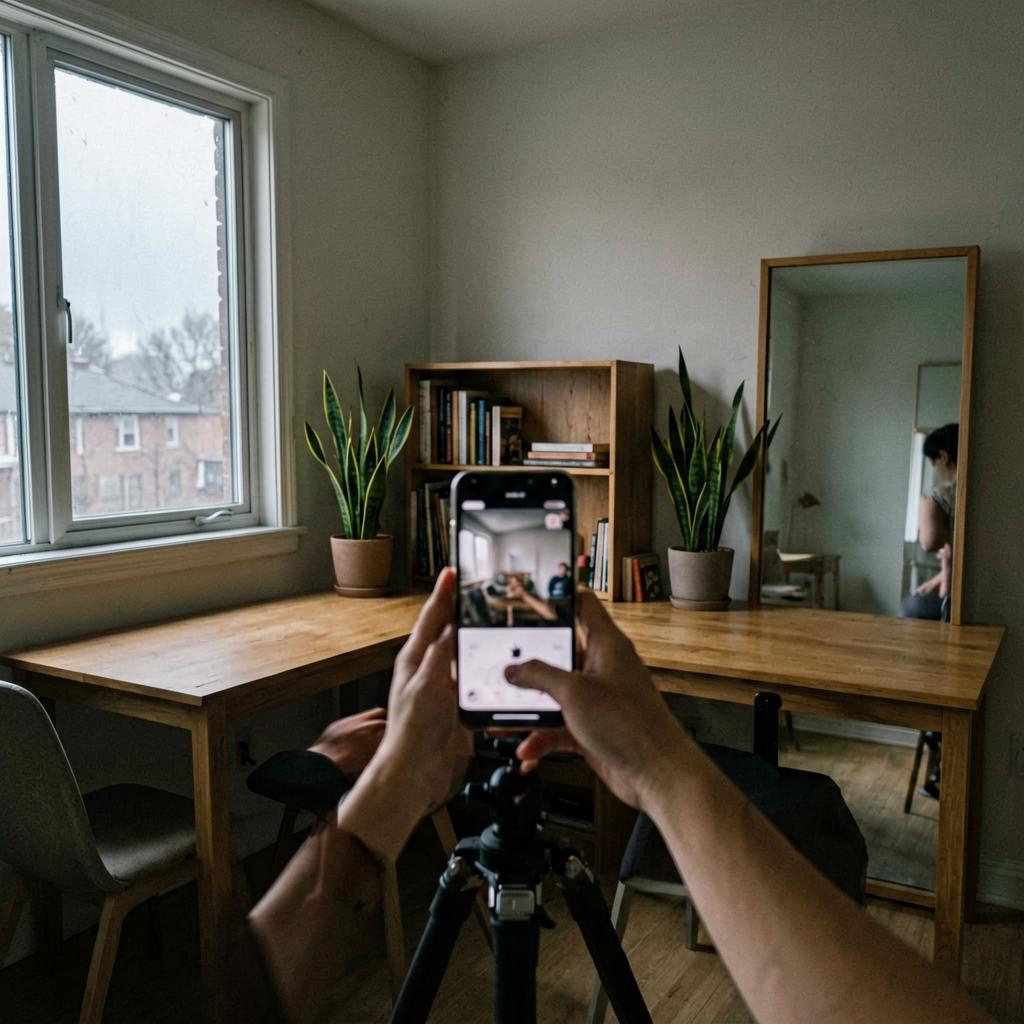 Two desks facing opposite directions, a small wooden bookshelf between them, a potted snake plant, and a window on the left