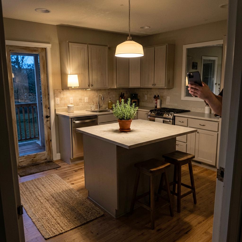 A kitchen with a clear work triangle, no pass-through traffic. A potted herb plant sits on the counter, a woven rug near the new entryway, and a closed door leading to the porch. The island is clear, with two stools tucked under.