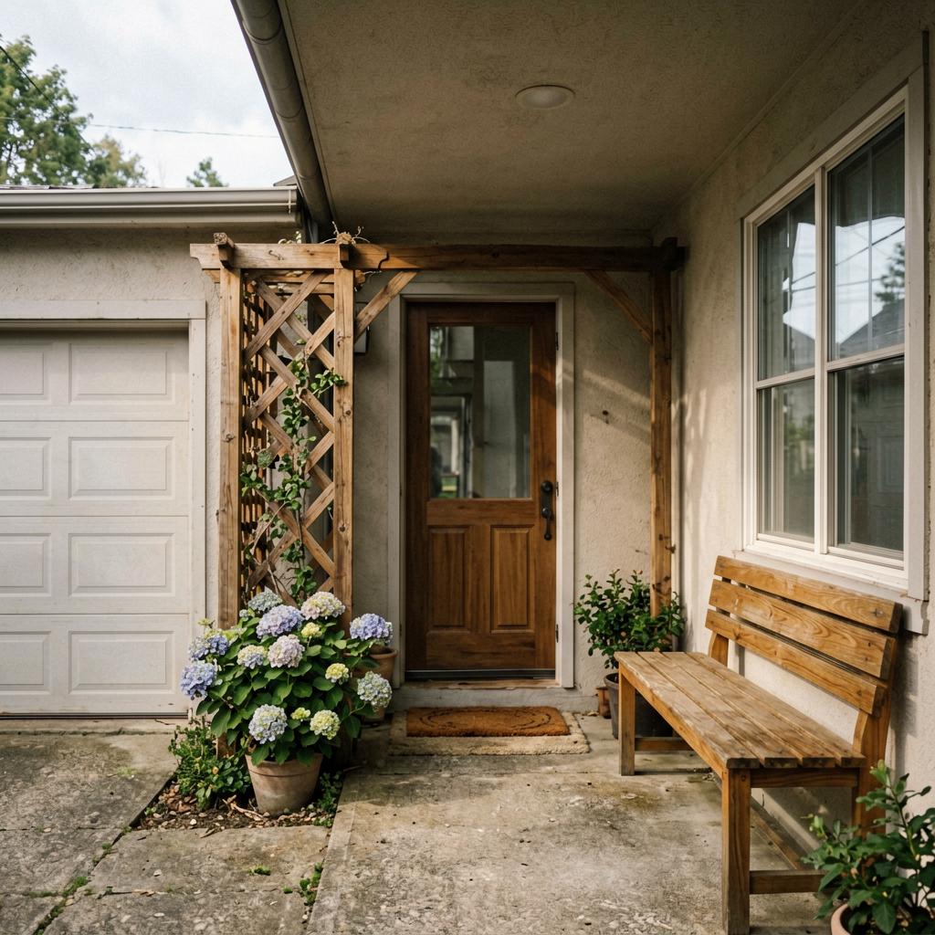 A narrow front yard with a cedar trellis between the garage and the front door, small climbing hydrangeas at its base, a wooden bench on the porch, doormat at the entry, morning light casting soft shadows, shot on a smartphone with slightly warm tones.