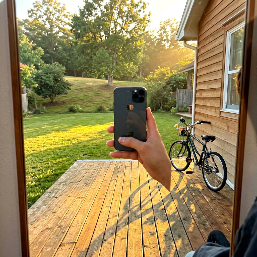 A modest backyard with a wooden deck, a lawn, and trees on a gentle hill behind. A tricycle leans against the house wall. Natural light, slightly off-center composition.