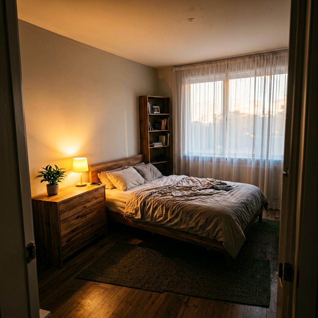 A modern bedroom with a bed centered on the south wall, a low wooden dresser with a small plant and lamp, the tall bookshelf removed to the north side, soft morning light through sheer curtains