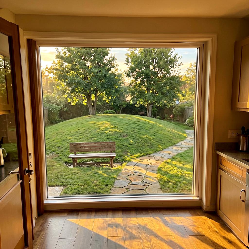 A backyard view from a kitchen window: a small rounded hill covered in low grass and a few mature trees, a wooden bench at its base, a stone path leading toward it, soft afternoon light, slightly off-level phone photo with a doorframe edge visible.
