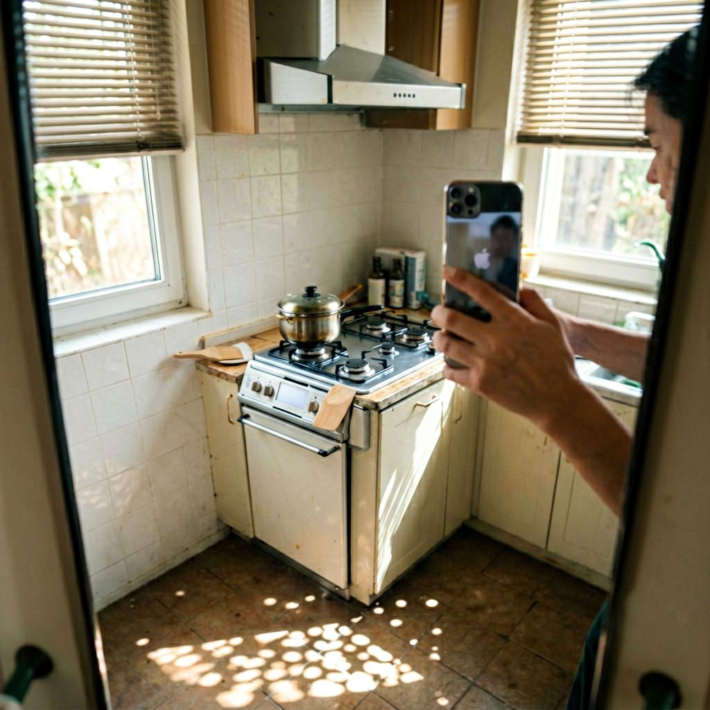 A compact kitchen with a freestanding stove pushed against the back wall, burners facing the tiled surface, a small pot on the front burner, a wooden spatula resting on the counter, soft daylight from a side window, slightly off-level phone shot.