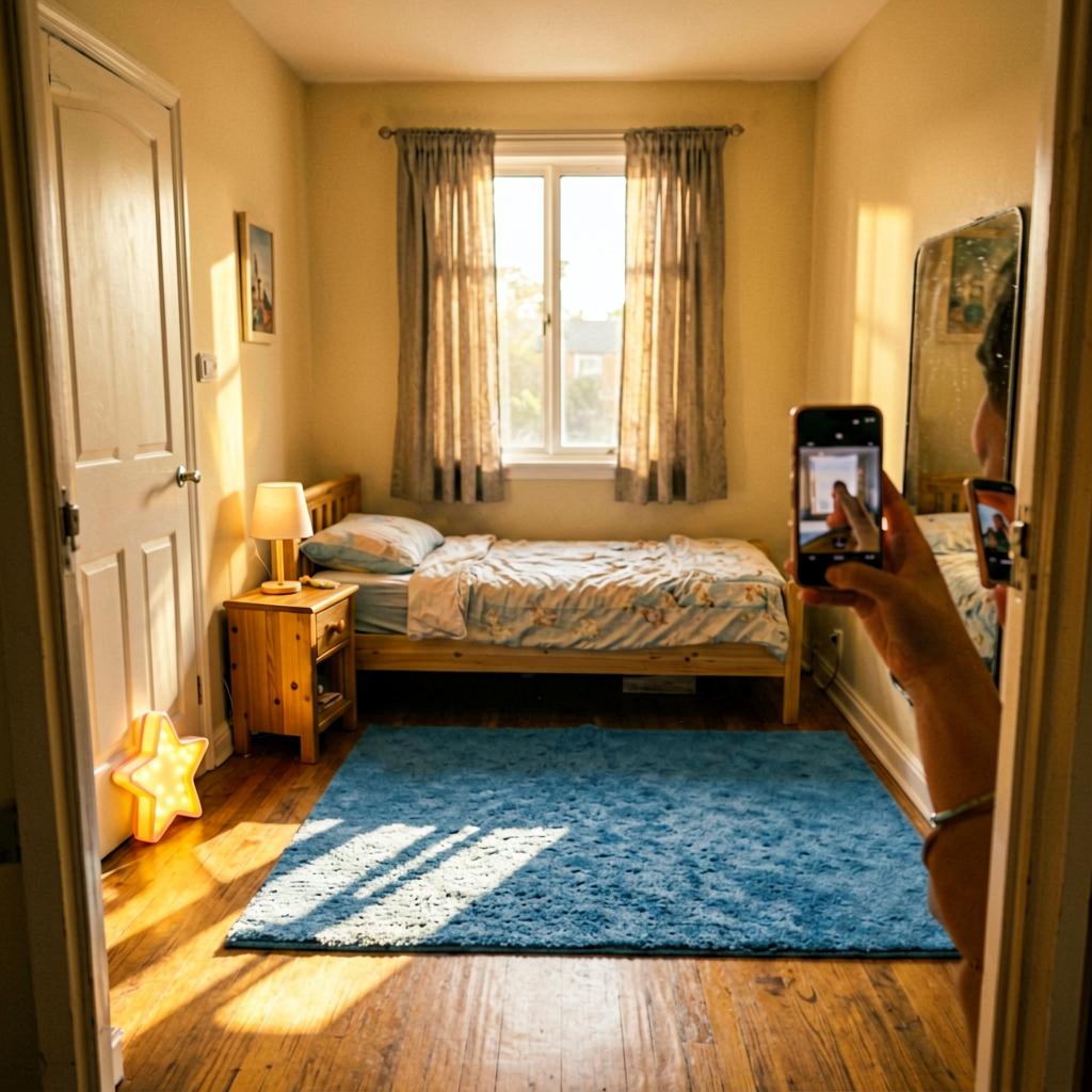 A toddler's bedroom with a single bed now against the wall opposite the door, a small wooden nightstand with a lamp, a star-shaped nightlight near the door, a blue rug on the floor, and a window with curtains pulled shut in the background.