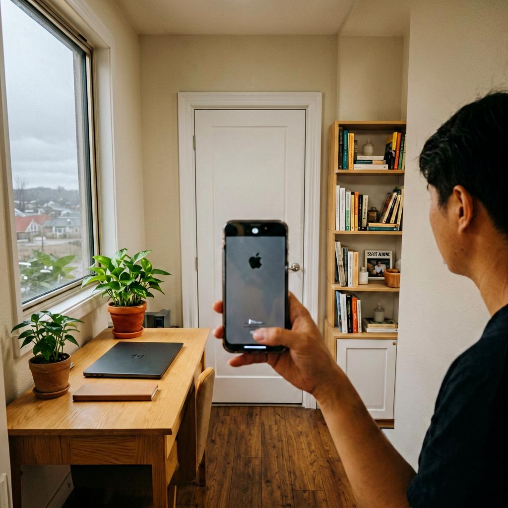 A home office with a closed white bathroom door across a narrow hallway, a potted plant on the office desk, a tidy bookshelf, a laptop closed, natural light from a side window, slightly warm tones from an older iPhone camera.