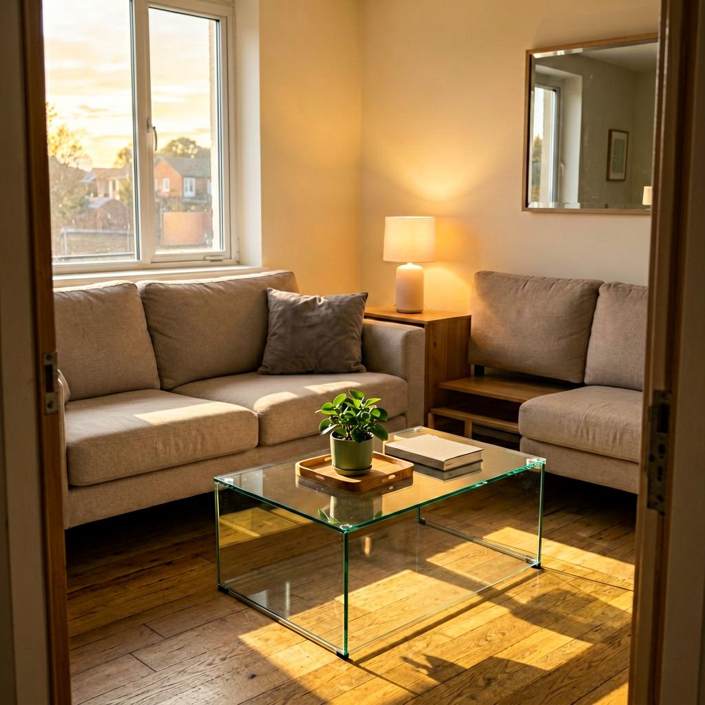 A living room with a clear coffee table, a small tray holding a potted plant and a closed book, a soft lamp glowing on the sideboard, the sofa neat with one throw pillow, no phone in sight, natural evening light through the window.