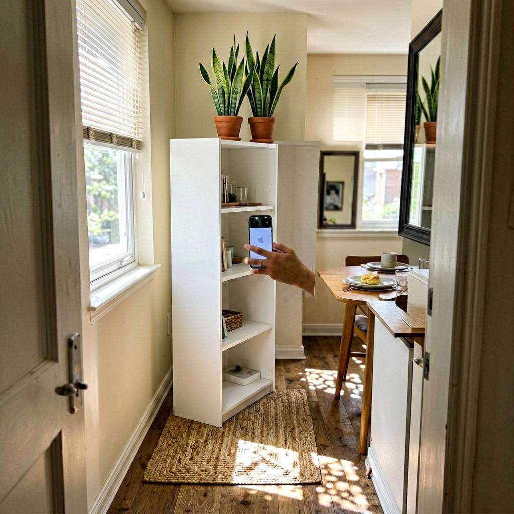 A narrow apartment entryway with a tall white shelving unit placed at an angle, a potted snake plant on top, a small woven rug underneath, and a glimpse of a dining table partially hidden behind the shelf, shot on a smartphone with soft natural light from a side window, slightly off-level framing.