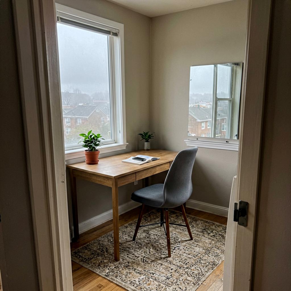 A home office with a desk facing an open door, a small plant on the desk, a chair slightly pushed in, natural light from a side window, no people, no screens, a rug under the desk.