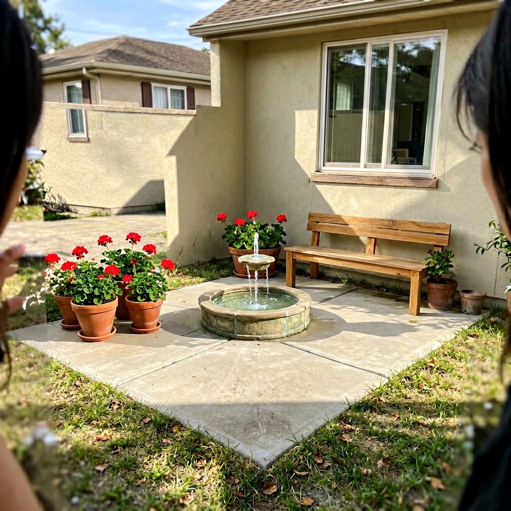 A small, level concrete patio in a backyard, with a compact fountain bubbling in the corner, terracotta pots of red geraniums, and a simple wooden bench. The patchy grass meets the clean edge of the concrete, and the house sits level in the background.
