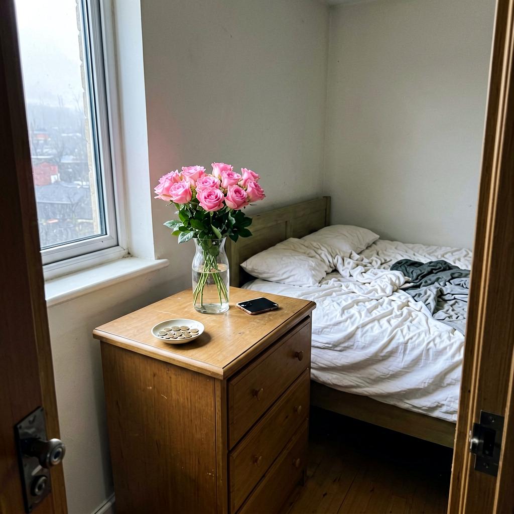 A bright bedroom with a dresser in the corner, on top sits a clear glass vase with pink roses, next to it a small ceramic dish with loose change, a rumpled but clean bed in the background, morning light coming from a window on the left.