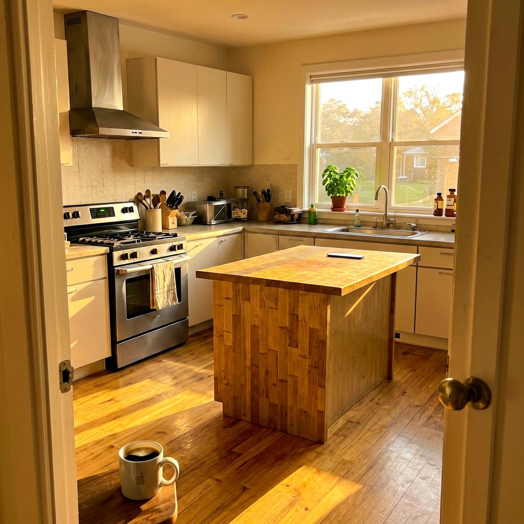 A kitchen with a stainless steel stove against the southeast wall near a window, a butcher-block island in the center, a potted basil plant on the windowsill, and warm afternoon light streaming in—shot from the doorway, slightly off-level, no people.