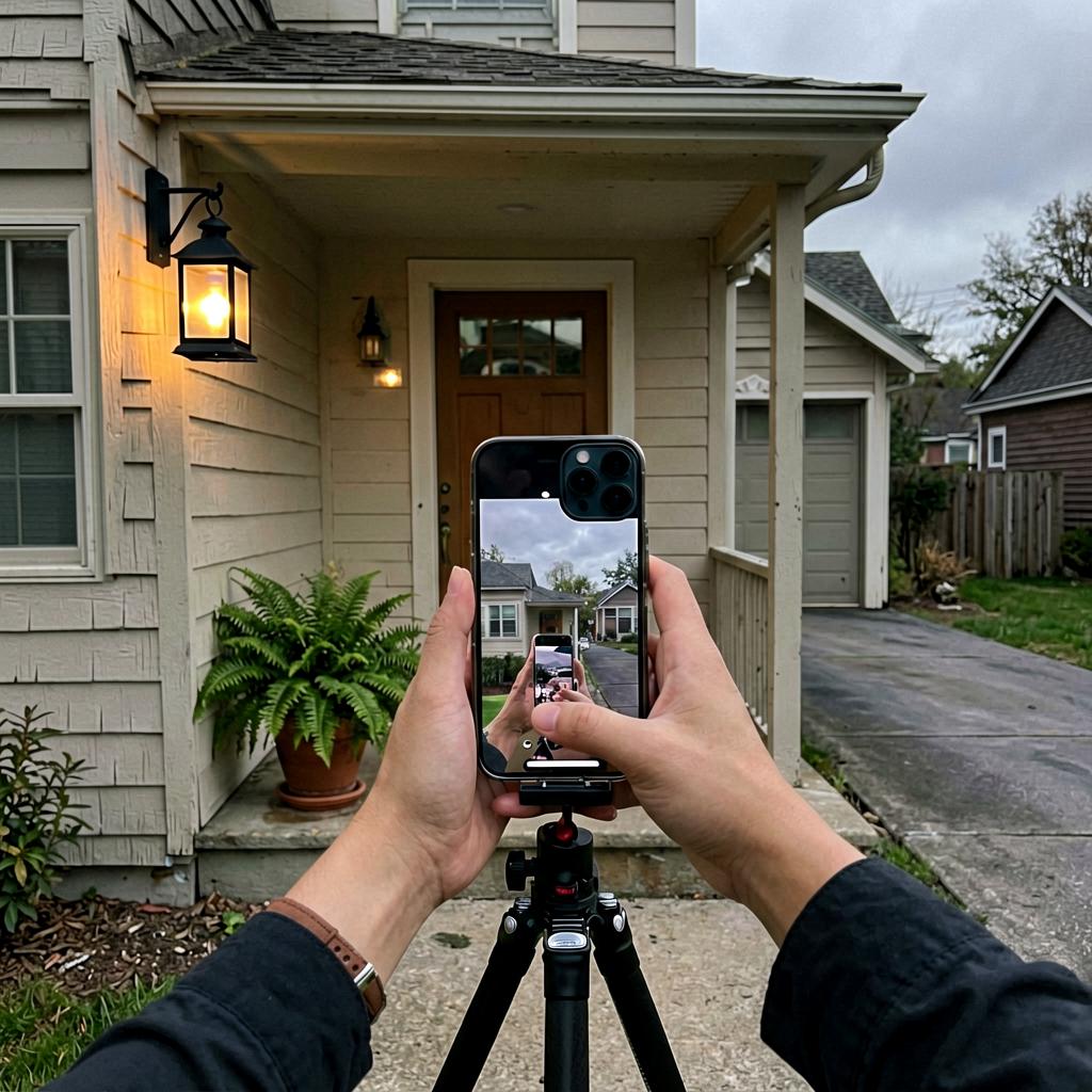 Front porch of a mid-century house at dusk, with a black metal lantern glowing on the left corner, a potted fern near the door, and a driveway on the right