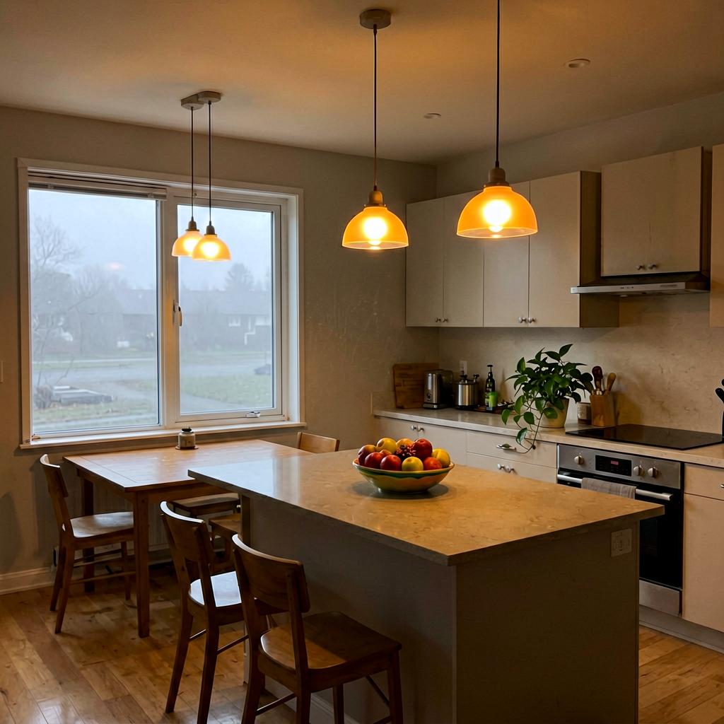 A kitchen with a bistro table near a window, warm pendant lights, a fruit bowl on the island, and a plant on the counter, with no people present.