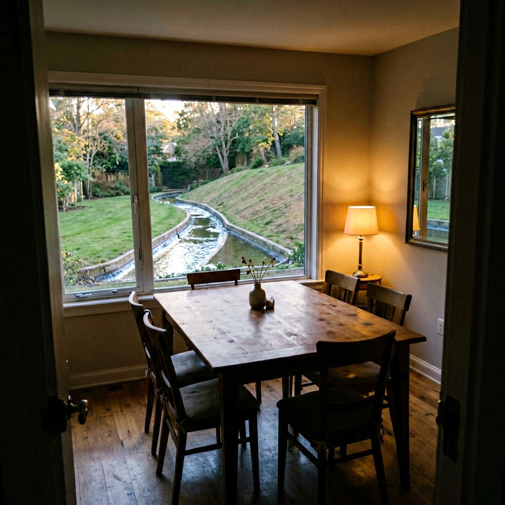 An empty dining room with a wooden table facing a large back window, a shallow curved swale visible in the yard beyond, water glistening along the trench line, the slope gently rising behind it, soft afternoon light, slight grain from a budget phone camera, the doorframe slightly off-level in the corner of the frame.