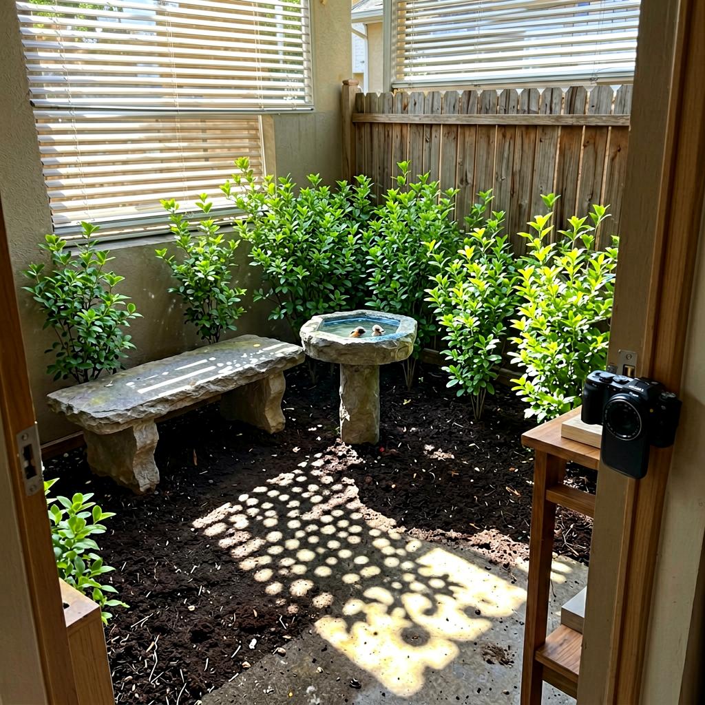 A small backyard corner with a stone bench, a birdbath, and a row of newly planted green shrubs. The ground is fresh dark soil. Natural sunlight, slightly off-level phone photo, fence edge visible.