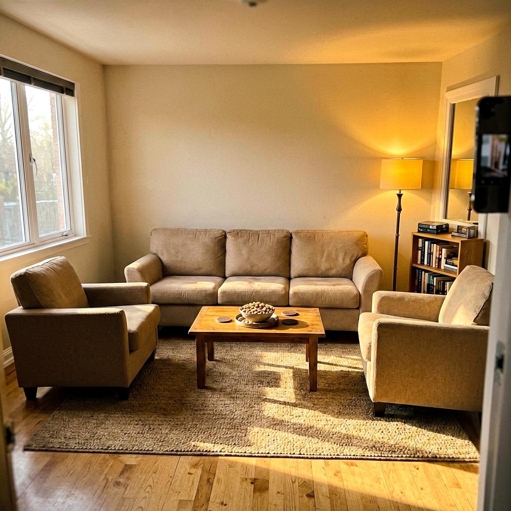 A living room with a U-shaped seating arrangement: a beige sofa against the wall, two armchairs angled toward a wooden coffee table, a floor lamp in the corner casting warm light, a tray with a bowl of nuts and coasters on a small bookshelf near the door. Natural light from a window on the left, rug underfoot.