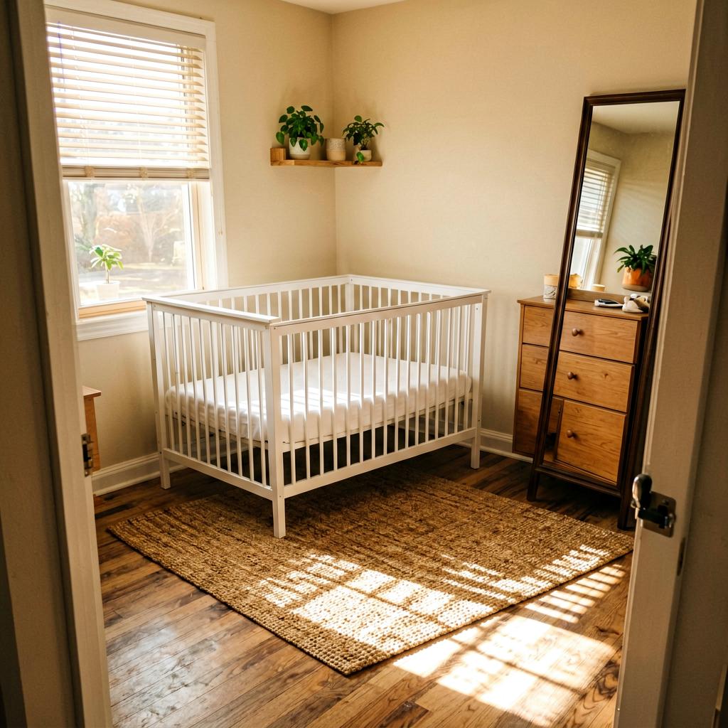 A nursery with a white crib moved away from the wall, a low woven rug on the floor where the tall dresser used to be, soft morning light from a window, a small plant on a shelf in the corner, no clutter.