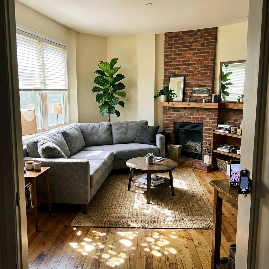 An L-shaped living room with a gray sofa angled toward a brick fireplace, a tall fiddle-leaf fig in the hallway corner, a woven rug under a coffee table, and a small side table with a lamp near the window. Natural light from the left, slightly off-level smartphone photo.