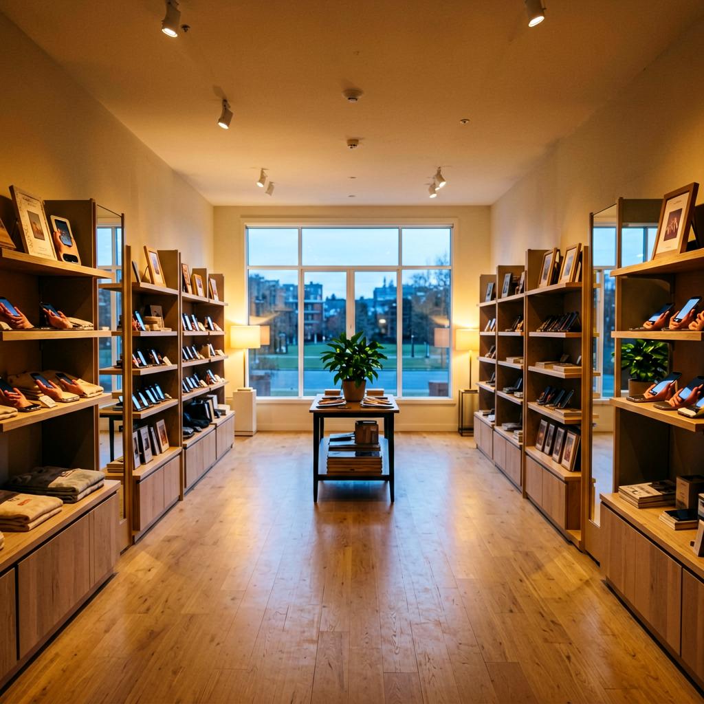 A bright, empty retail space with wide center aisle, shelves along both walls, a small display table near the front with a plant on it, and natural light coming through the large front window.