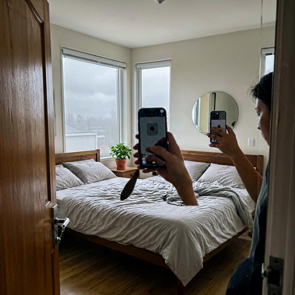 A master bedroom with a neatly made bed facing the door, a small mirror on the side wall angled away, a potted plant on the nightstand, soft natural light from a window.