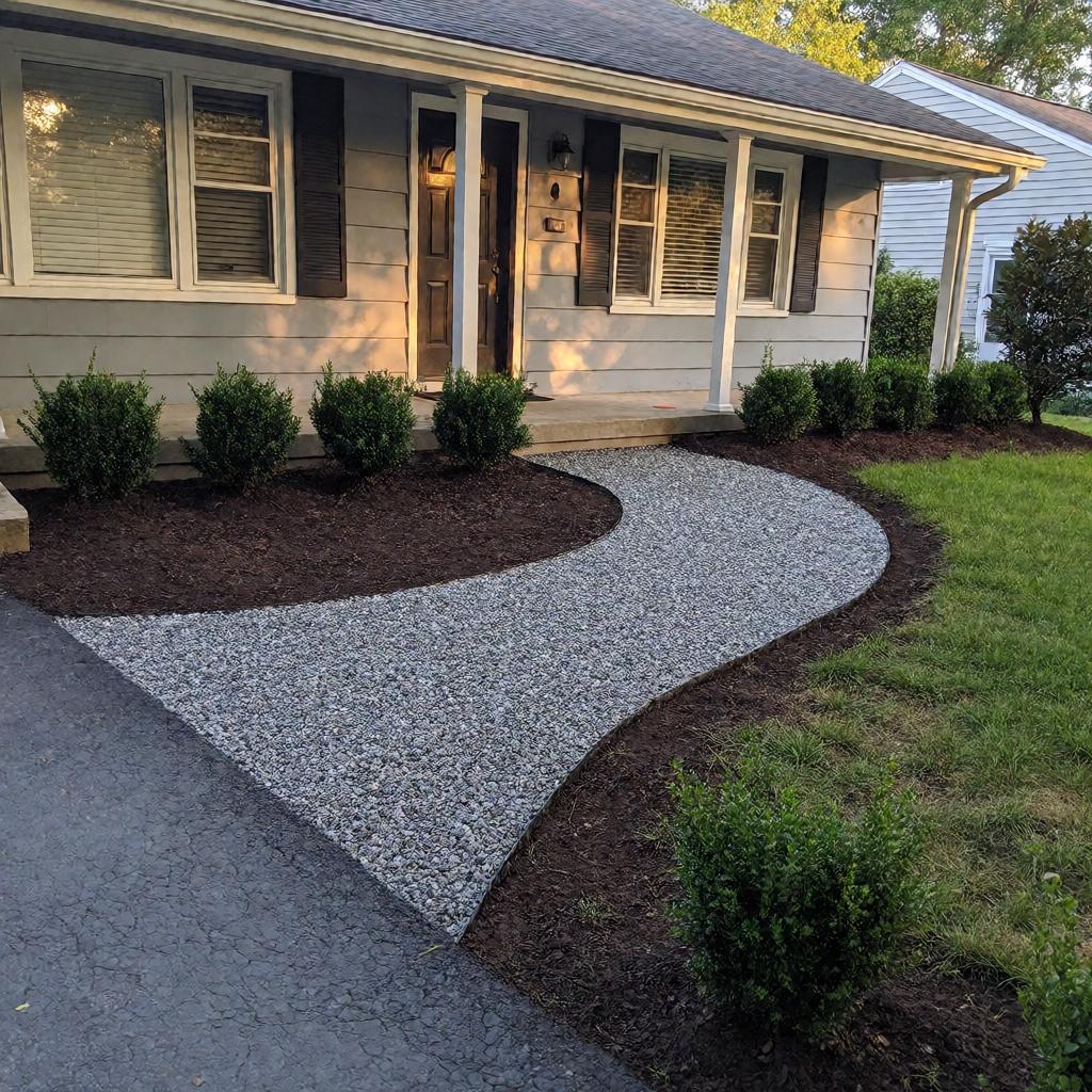 Front of a suburban house with a new curved crushed-stone path bending from driveway to porch, low boxwoods along the edges, soft late-afternoon light, slightly off-level angle from the driveway, smartphone photo look.